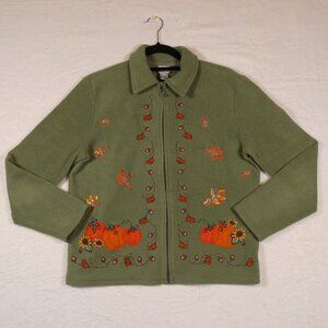 Vintage Fashion Bug Embroidered Fleece with Autumn Pumpkins Leaves